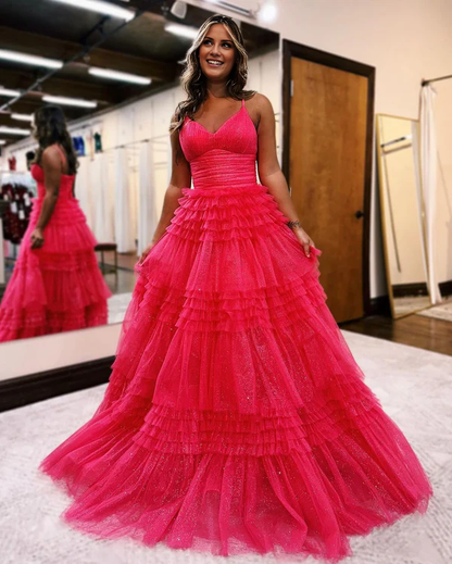 Wholesale A-Line Deep V Neck Tiered Long Glitter Tulle Prom Dress