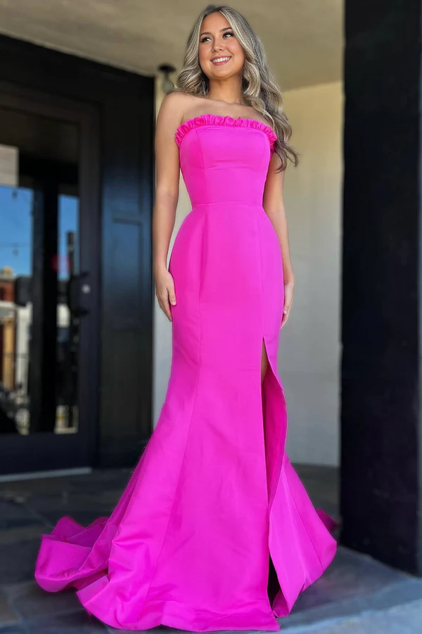 Wholesale Strapless Evening Dress Maganta Ruffle Mermaid Slit Long Prom Dress