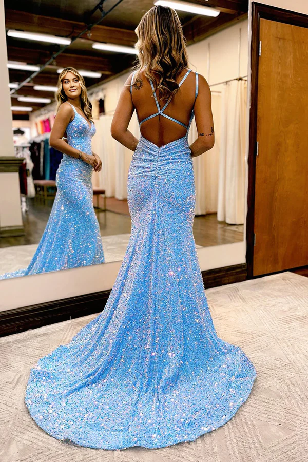 Wholesale Sparkly Blue Mermaid Evening Dress Sequins Long Backless Prom Dress