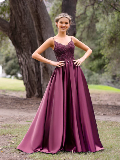 Wholesale V-Neck Lace Prom Dresses Stain A-Line Floor-length Evening Dress