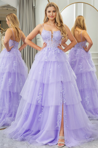 Wholesale A Line Prom Dress Appliqued Tiered Long Corset With Slit Sparkly Lilac Evening Dress