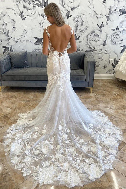 Wholesale Elegant White Illusion Neck Appliques Mermaid Long Wedding Dress