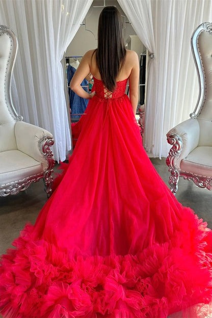 Wholesa Red Tulle Appliques Sweetheart Ruffle Long Prom Dress