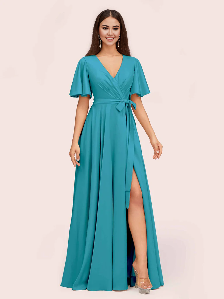 Wholesale A-Line V-Neck Short Sleeves Bridesmaid Dresses With Slit