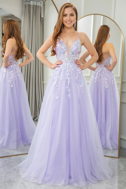 Wholesale A Line Evening Dress Tulle Backless Long Sparkly Lilac Prom Dress With Sequined Appliques