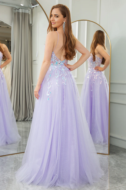 Wholesale A Line Evening Dress Tulle Backless Long Sparkly Lilac Prom Dress With Sequined Appliques