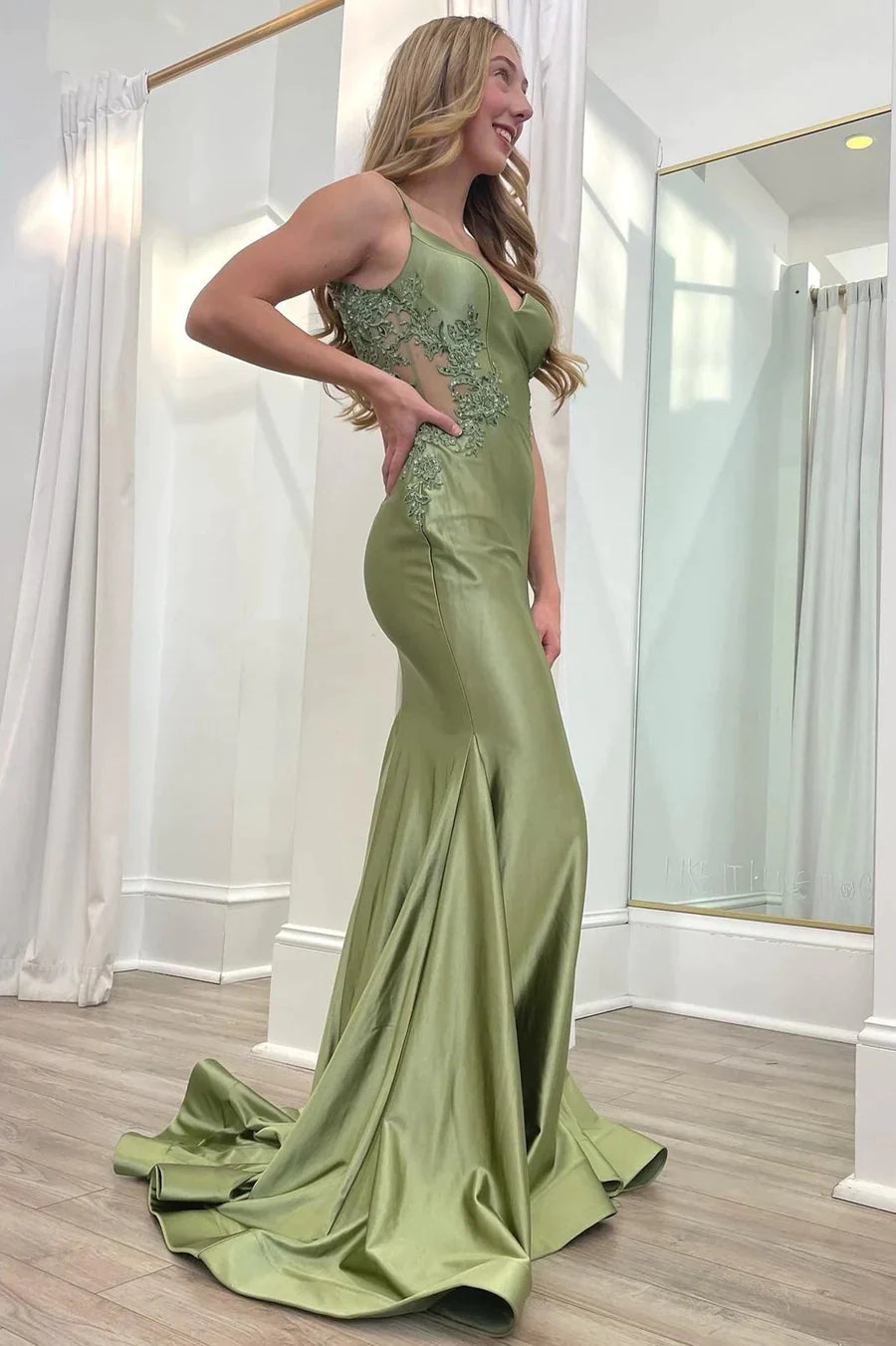 Wholesa Sage Green Spaghetti Strap Backless Trumpet Long Gown