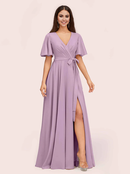 Wholesale A-Line V-Neck Short Sleeves Bridesmaid Dresses With Slit