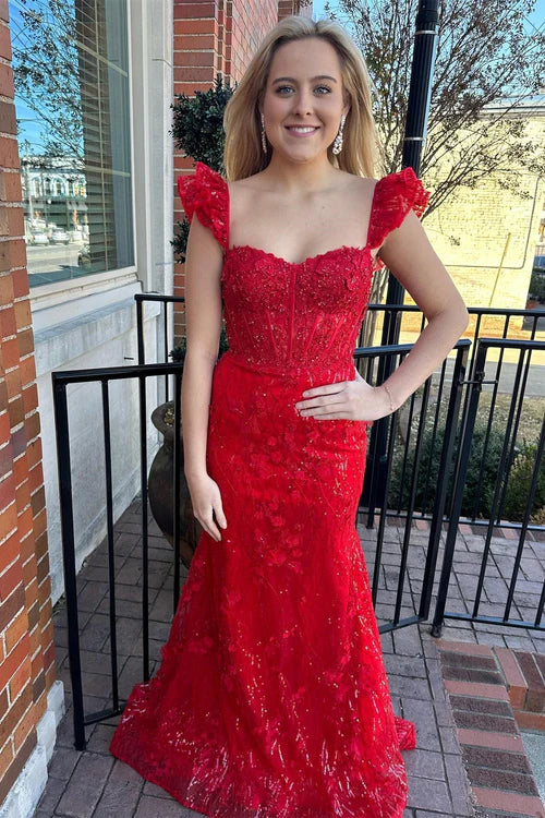 Wholesale Red Evening Dress Appliques Sweetheart Flutter Sleeve Mermaid Long Prom Dress