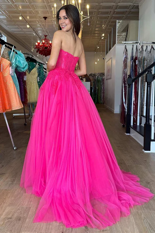 Wholesale A-Line Graduation Dresses Hot Pink Tulle Lace StraplessLong Prom Dress