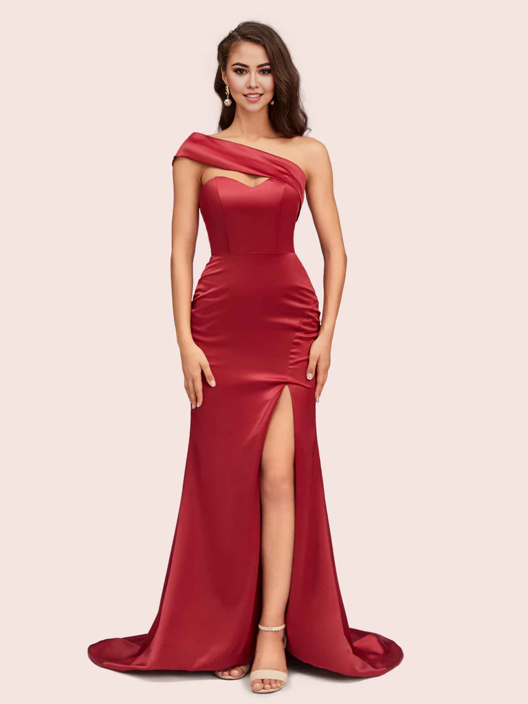 Wholesale Bridesmaid Dresses Mermaid One Shoulder Soft Satin With Slit