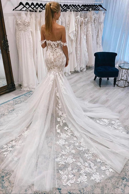 Wholesale Elegant Ivory Off the Shoulder Long Lace Mermaid Wedding Dress