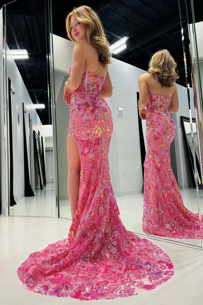 Wholesa Pink Strapless Sequin Lace Mermaid Long Prom Dresses with Slit