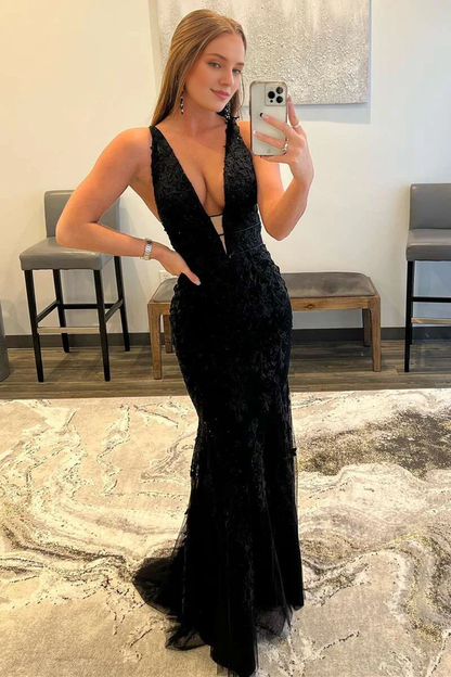 Wholesale Elegant Mermaid Evening Dress Plunge V Neck Lace Prom Dress