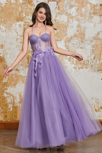 Wholesale Elegant A-Line Prom Dress Spaghetti Straps Corset with 3D Flowers Purple