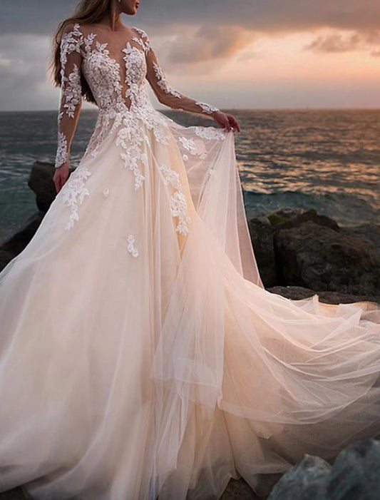 Wholesale Beach Open Back Wedding Dresses A-Line Illusion Neck Long Sleeve Court Train Lace Bridal Gowns With Appliques