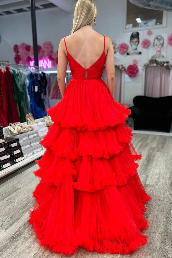 Wholesale Elegant A-line Evening Dress V-Neck Tulle Prom Dress with Tiered Ruffles