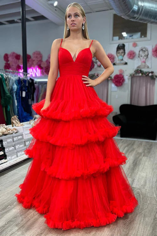 Wholesale Elegant A-line Evening Dress V-Neck Tulle Prom Dress with Tiered Ruffles