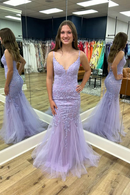 Wholesa Lilac Tulle Lace V Neck Mermaid Long Prom Dresses