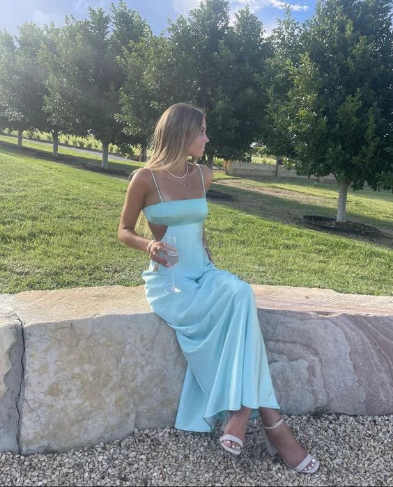 Wholesale Elegant Gowns Evening Dresses Spaghetti Straps Sheath Light Blue Prom Dress Formal Satin Party Dress