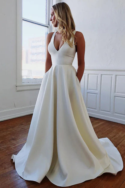 Wholesale Elegant A-Line V-Neck White Long Wedding Dress with Bow-Knot