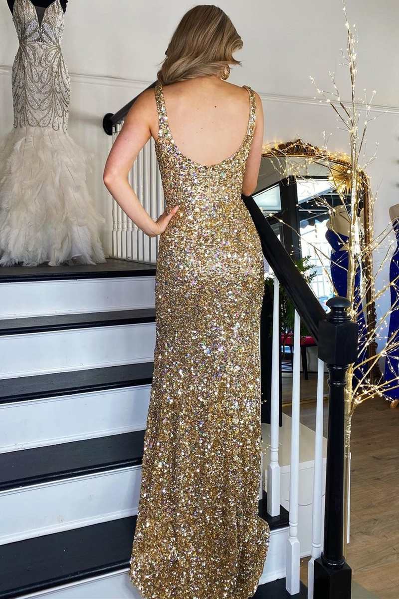 Wholesa Gold Sequin Square Neck Backless Mermaid Long Formal Dress with Slit