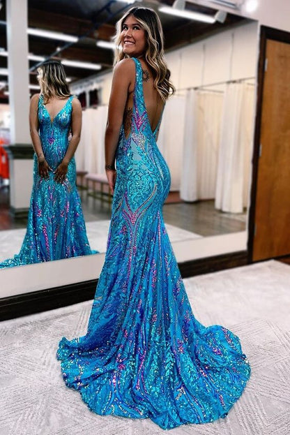 Wholesa Mermaid V Neck Blue Sequin Lace Long Prom Dresses