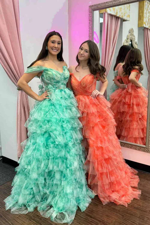 Wholesale Fashion Off the Shoulder Evening Dress Coral Print Tiered Long Prom Dress