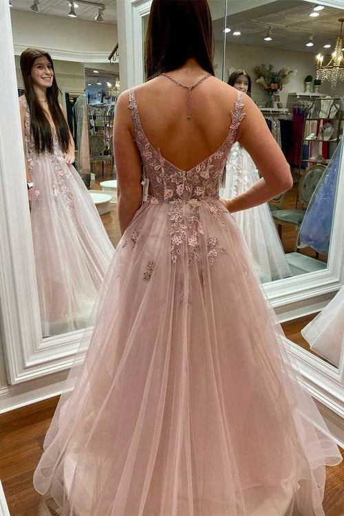 Wholesale Evening Dress Floral Lace Plunge V Backless A-Line Prom Gown