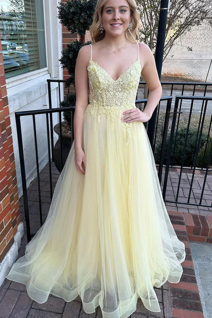 Wholesa Yellow V Neck Tulle Long Prom Dresses with Appliques