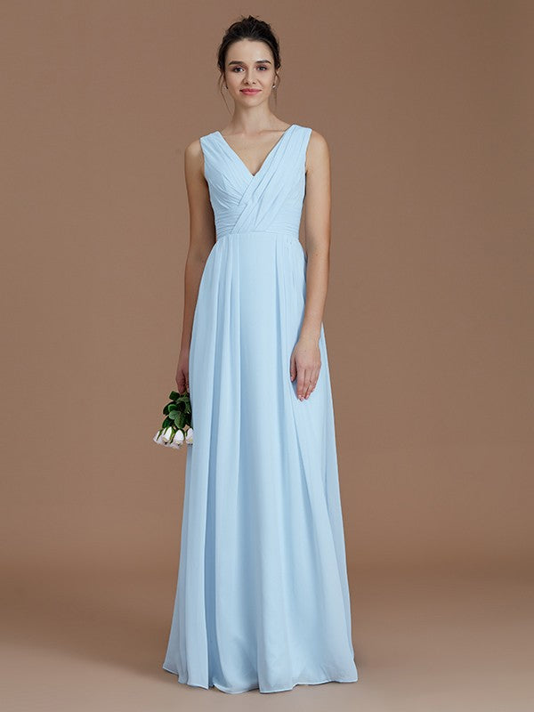 Wholesale A-Line V-neck Sleeveless With Ruched Floor-Length Chiffon Bridesmaid Dresses