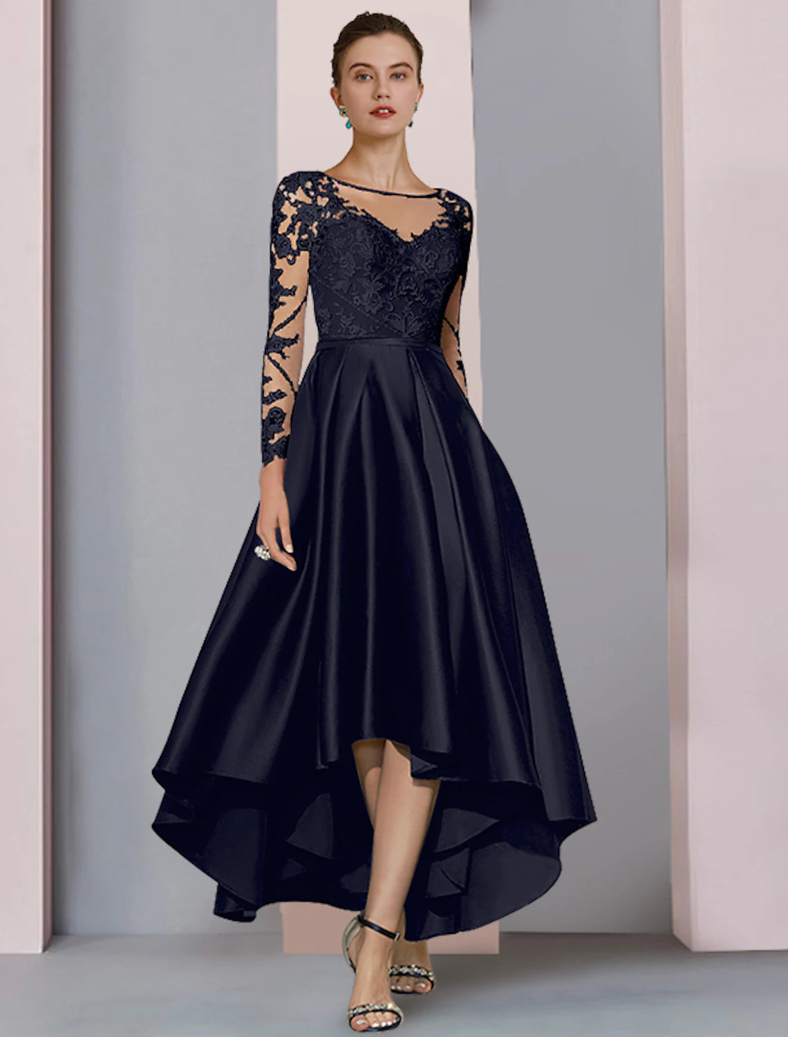 Wholesale A-Line Mother of the Bride Dress Wedding Guest Elegant High Low Scoop Neck Asymmetrical Tea Length Satin Lace Long Sleeve with Pleats Beading Appliques