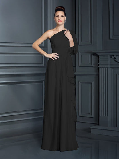 Wholesale Sheath Chiffon One-Shoulder 3/4 Sleeves Floor-Length With Ruffles Bridesmaid Dresses