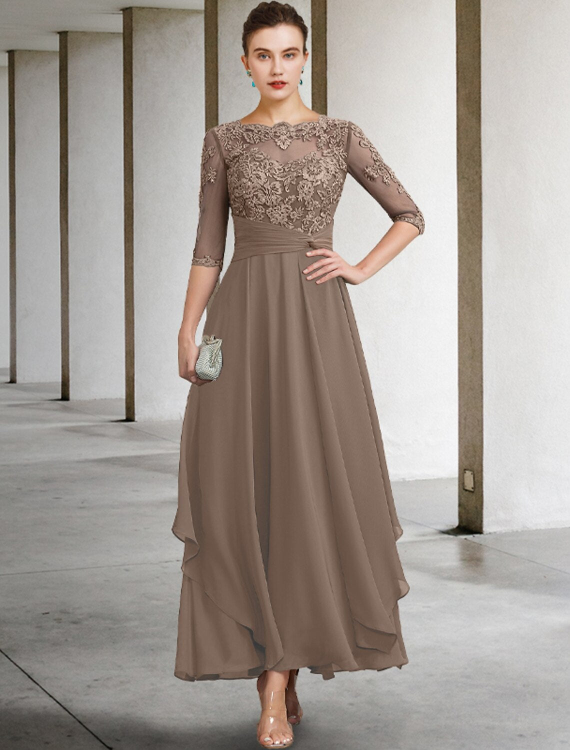 Wholesale A-Line Mother of the Bride Dress Wedding Guest Plus Size Elegant Jewel Neck Ankle Length Chiffon Lace Half Sleeve with Ruched Beading Appliques Fall