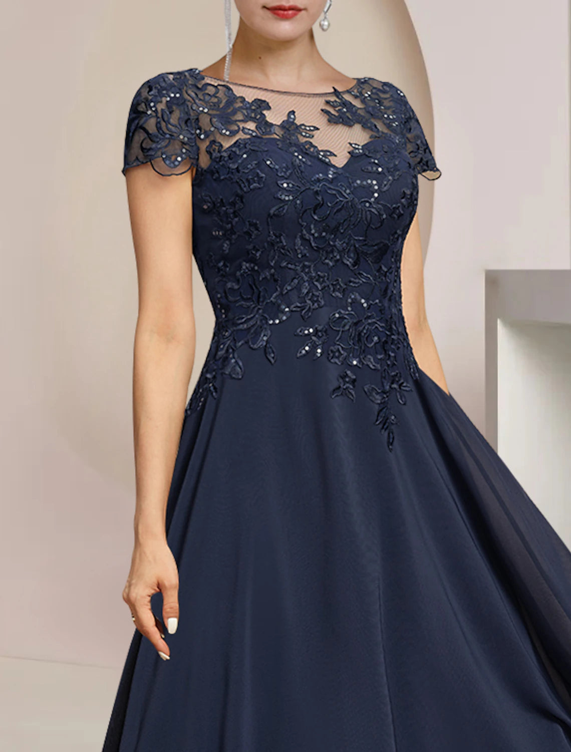 Wholesale A-Line Mother of the Bride Dress Formal Wedding Guest Elegant High Low Scoop Neck Asymmetrical Tea Length Chiffon Lace Short Sleeve with Sequin Appliques