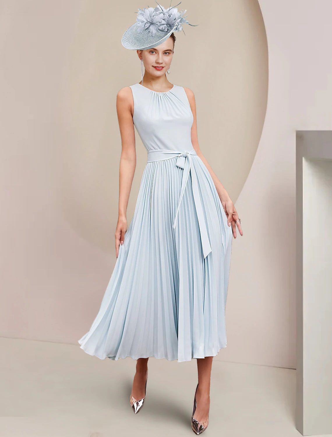 Wholesale Two Piece A-Line Mother of the Bride Dress Wedding Guest Party Vintage Elegant Scoop Neck Tea Length Chiffon Sleeveless Wrap Included with Bow(s) Pleats