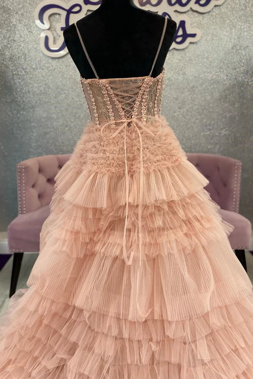 Wholesale Blushing Pink Evening Dress Tulle Ruffle Layers Lace-Up Back A-Line Prom Dress