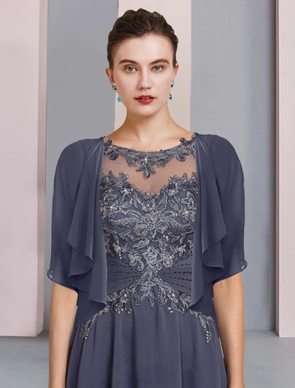 Wholesale Two Piece A-Line Mother of the Bride Dress Formal Wedding Guest Elegant Scoop Neck Asymmetrical Tea Length Chiffon Lace Short Sleeve Wrap Included with Beading Appliques