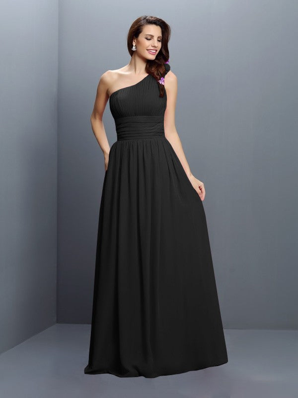 Wholesale A-Line Chiffon One-Shoulder Sleeveless Floor-Length With Pleats Bridesmaid Dresses