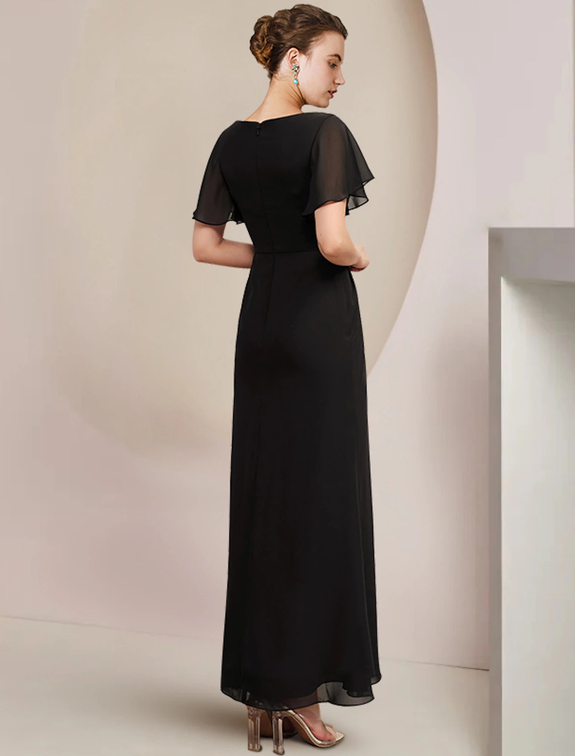 Wholesale Sheath / Column Mother of the Bride Dress Wedding Guest Elegant Scoop Neck Ankle Length Chiffon Short Sleeve with Crystal Brooch Side-Draped