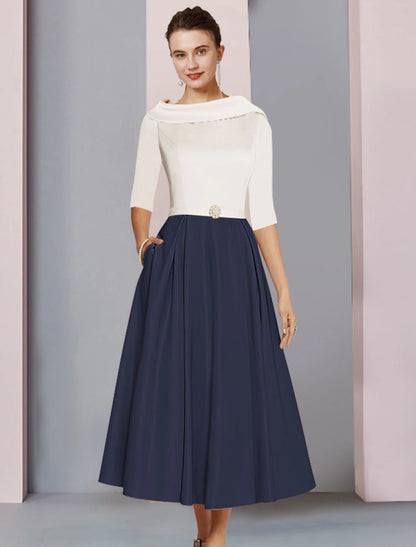 Wholesale A-Line Mother of the Bride Dress Wedding Guest Elegant Scoop Neck Tea Length Satin Half Sleeve with Pleats Crystal Brooch Color Block