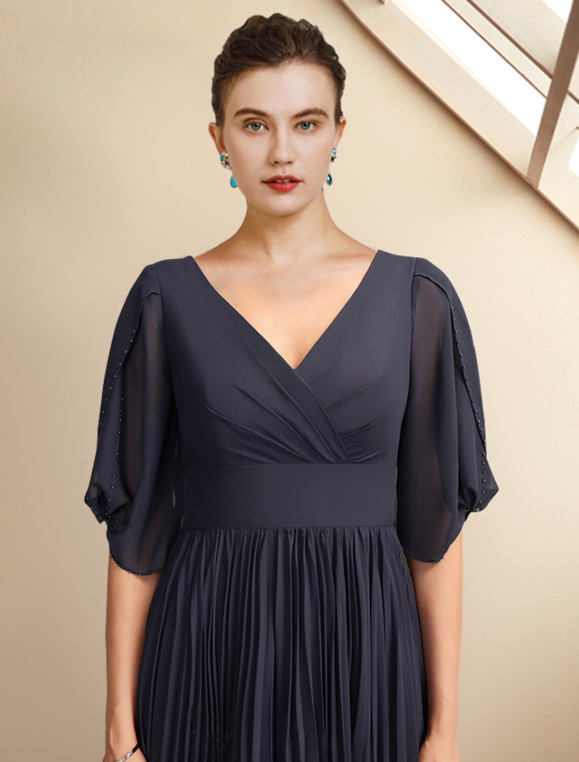 Wholesale A-Line Mother of the Bride Dress Plus Size Elegant V Neck Tea Length Chiffon Half Sleeve with Pleats