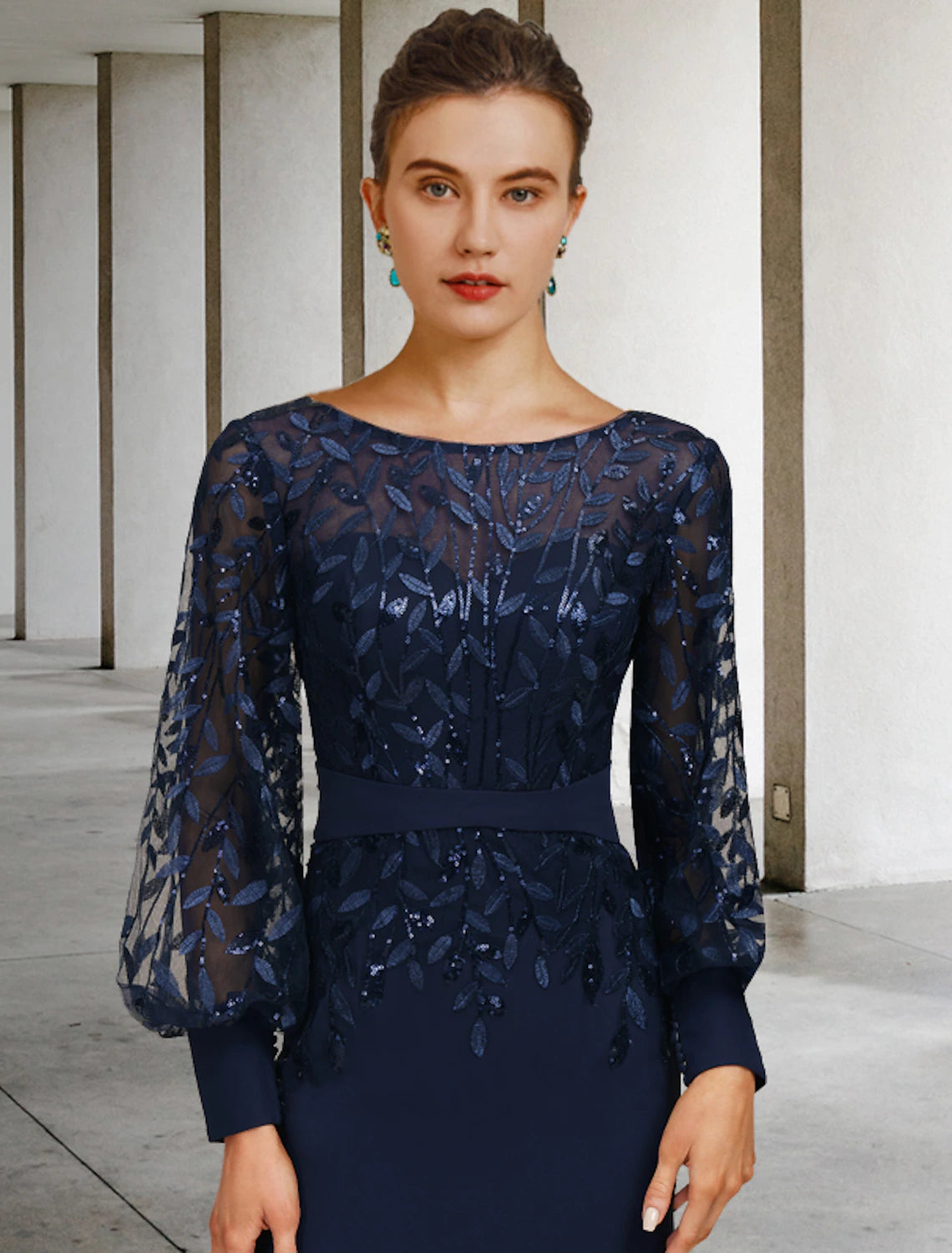 Wholesale Mermaid / Trumpet Mother of the Bride Dress Wedding Guest Vintage Elegant Jewel Neck Sweep / Brush Train Chiffon Lace Long Sleeve with Sequin Ruffles Fall