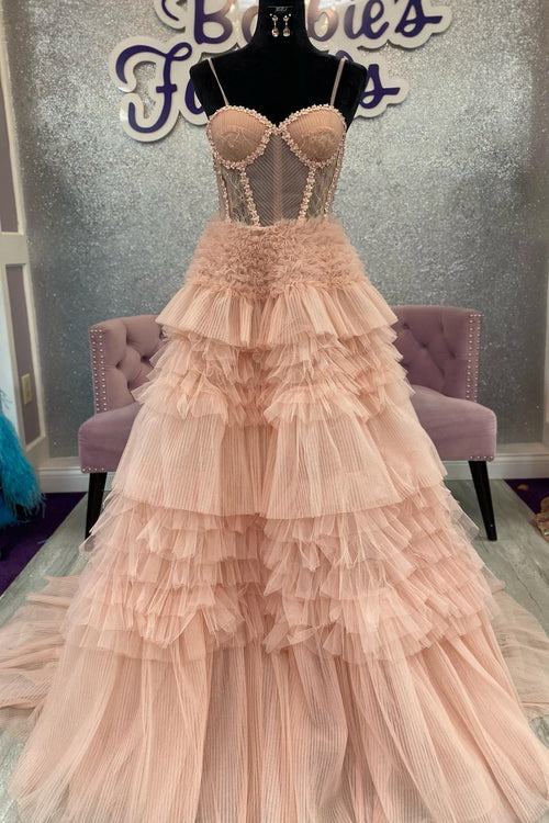 Wholesale Blushing Pink Evening Dress Tulle Ruffle Layers Lace-Up Back A-Line Prom Dress