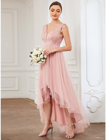 Wholesale A-Line Bridesmaid Dress V Neck Sleeveless Elegant Short / Mini Lace / Tulle with Draping / Ruching