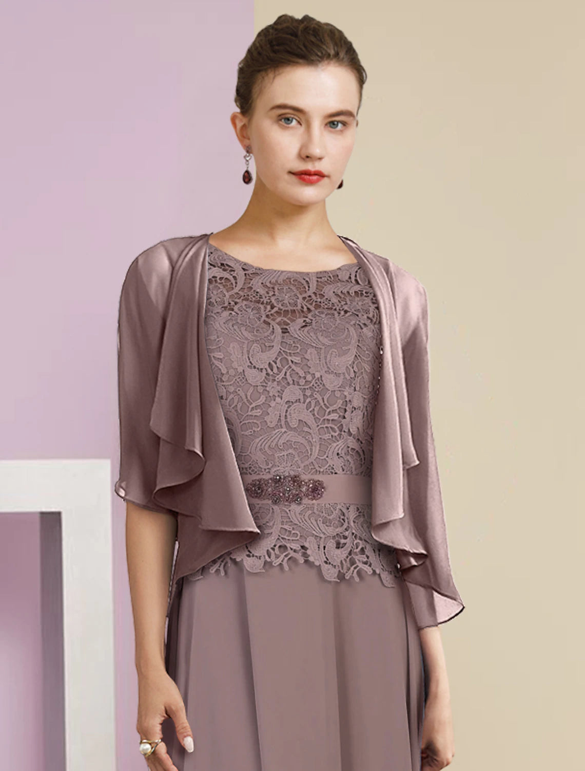 Wholesale Two Piece A-Line Mother of the Bride Dress Formal Wedding Guest Elegant Scoop Neck Floor Length Chiffon Lace 3/4 Length Sleeve Wrap Included with Appliques Crystal Brooch