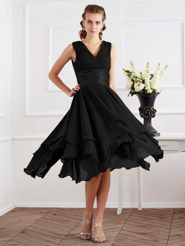 Wholesale A-Line Chiffon V-neck Short Sleeves Tea-Length With Pleats Bridesmaid Dresses