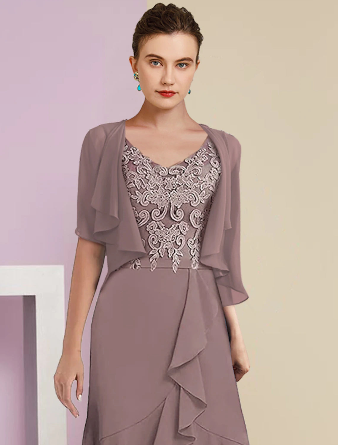 Wholesale Two Piece A-Line Mother of the Bride Dress Formal Fall Wedding Guest Elegant High Low V Neck Asymmetrical Tea Length Chiffon Lace Short Sleeve 3/4 Length Sleeve Wrap Included with Appliques