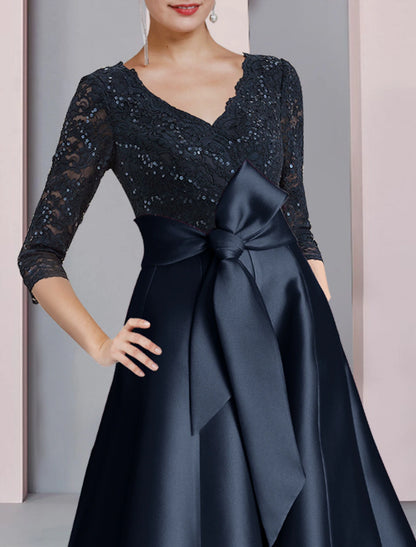 Wholesale A-Line Mother of the Bride Dress Wedding Guest Vintage Elegant V Neck Tea Length Satin Lace 3/4 Length Sleeve with Bow(s) Pleats Sequin