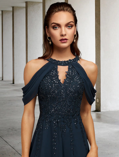 Wholesale A-Line Mother of the Bride Dress Wedding Guest Plus Size Elegant Halter Neck Floor Length Lace Tulle Sequined Sleeveless with Sequin Appliques Fall